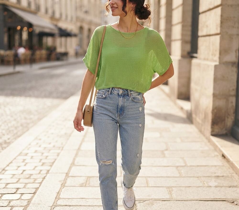 GU Green Open Knit Cropped Short Sleeve Mesh Boatneck Sweater Top Y2K 90s L